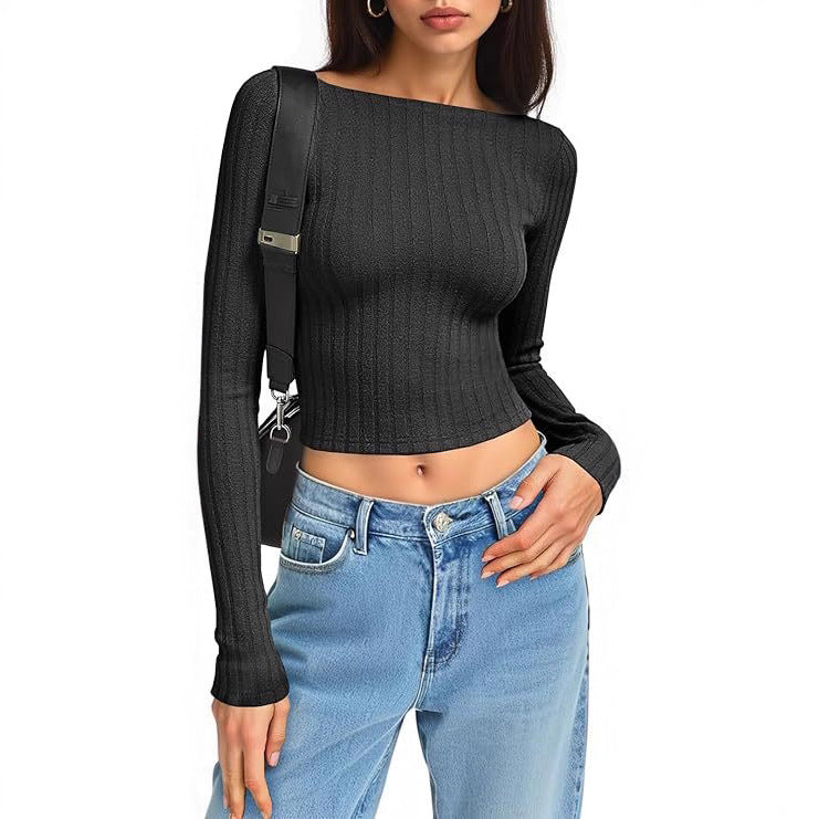 Damen Tailliertes Ripp-Cropped-Longsleeve mit U-Boot-Ausschnitt und Stretch-Baumwollmix Drune