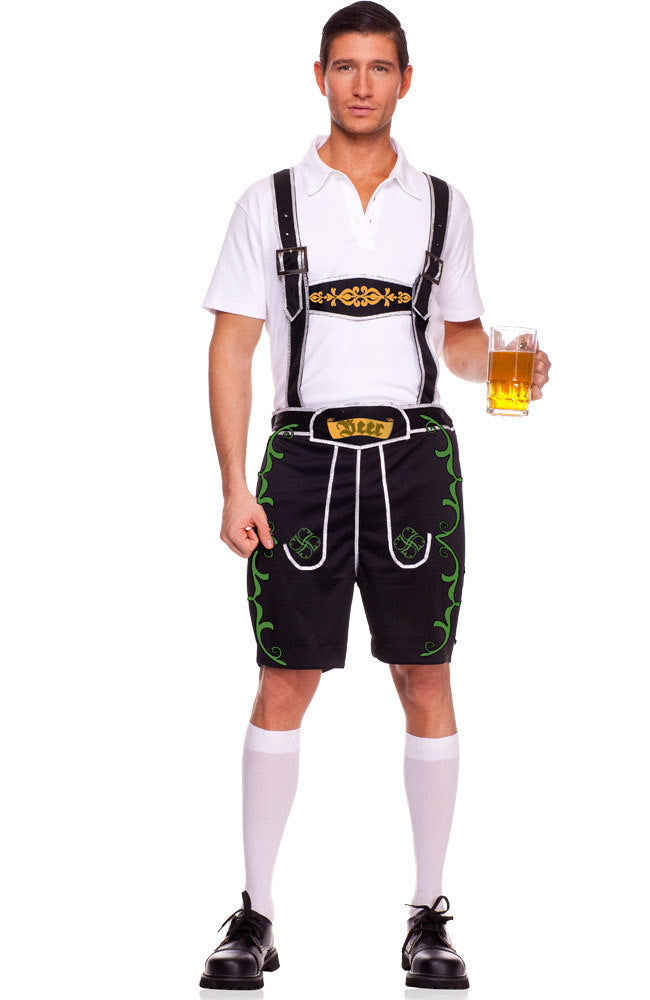 Herren nan kurze Trachtenlederhose mit verstellbaren Hosenträgern und besticktem Latz Drune