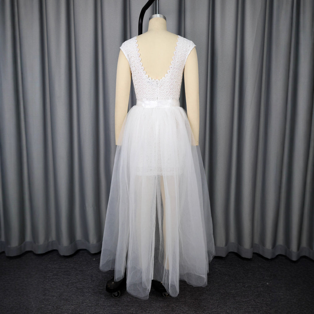 Damen Midi-Brautkleid mit verziertem Oberteil und transparentem Tüll Überrock Drune