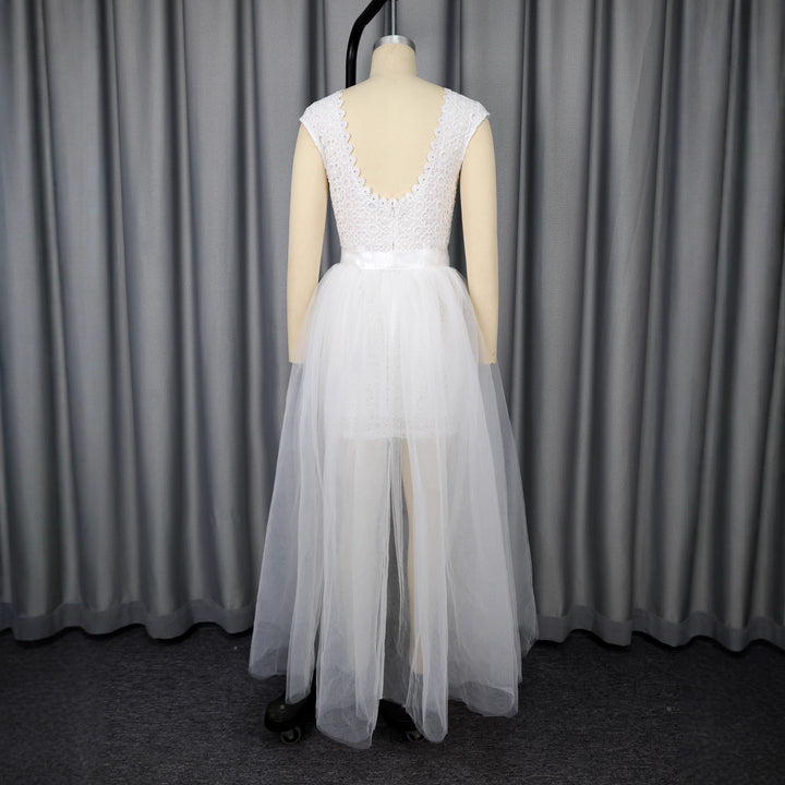 Damen Midi-Brautkleid mit verziertem Oberteil und transparentem Tüll Überrock Drune