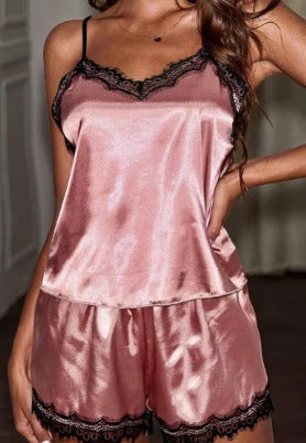 Damen Satin Schlafanzug-Set mit Spitze Drune