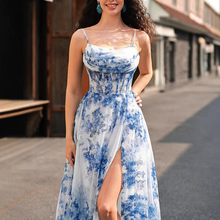 Damen Maxikleid mit schwingendem Rock und floralem Muster Drune