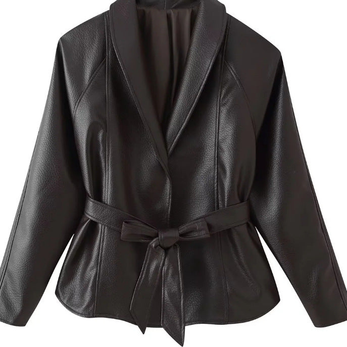 Damen Taillierte Blazerjacke aus Lederimitat mit Schalkragen und Bindegürtel Drune