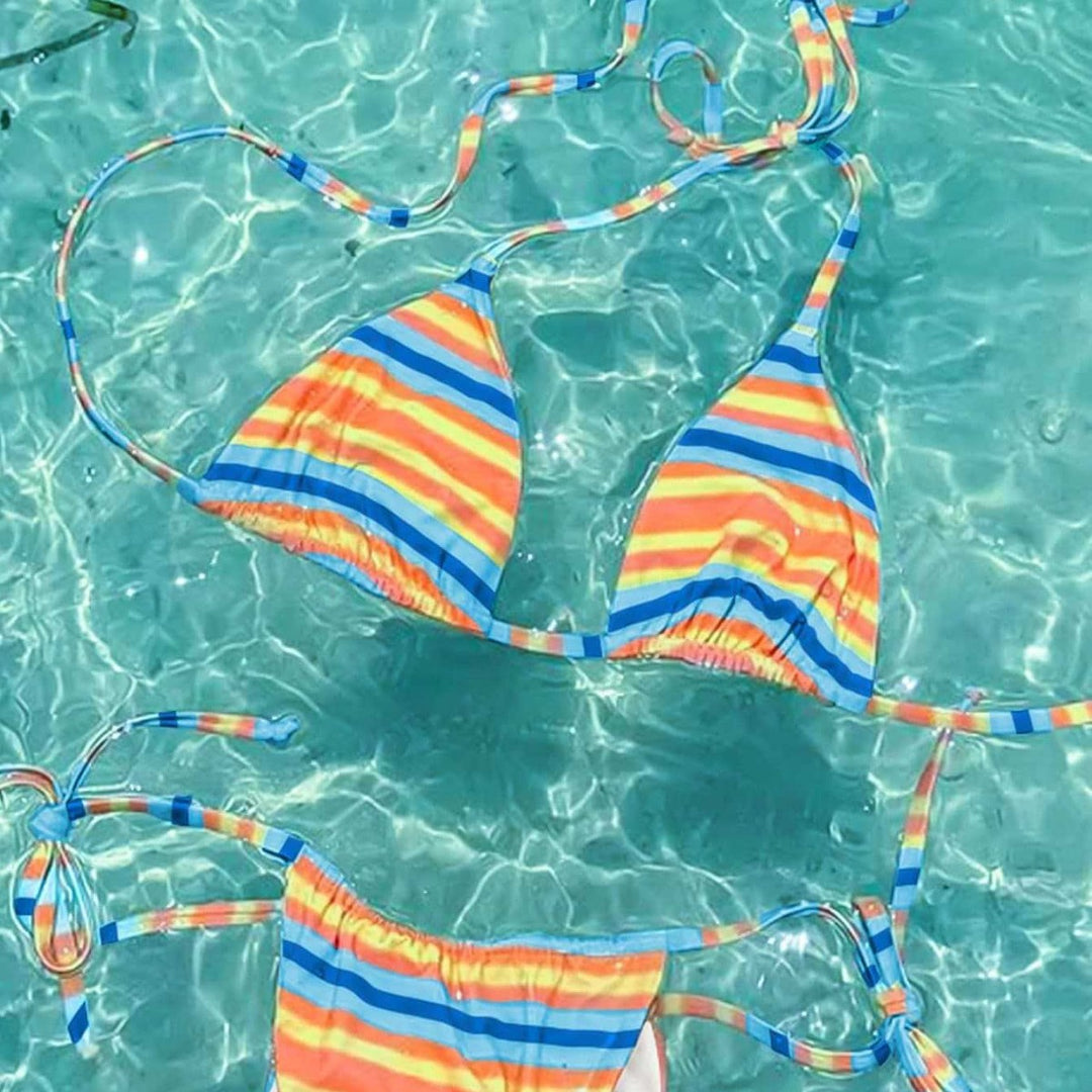 Damen Triangel-Bikini mit verstellbaren Seitenbändern und buntem Streifenmuster Drune