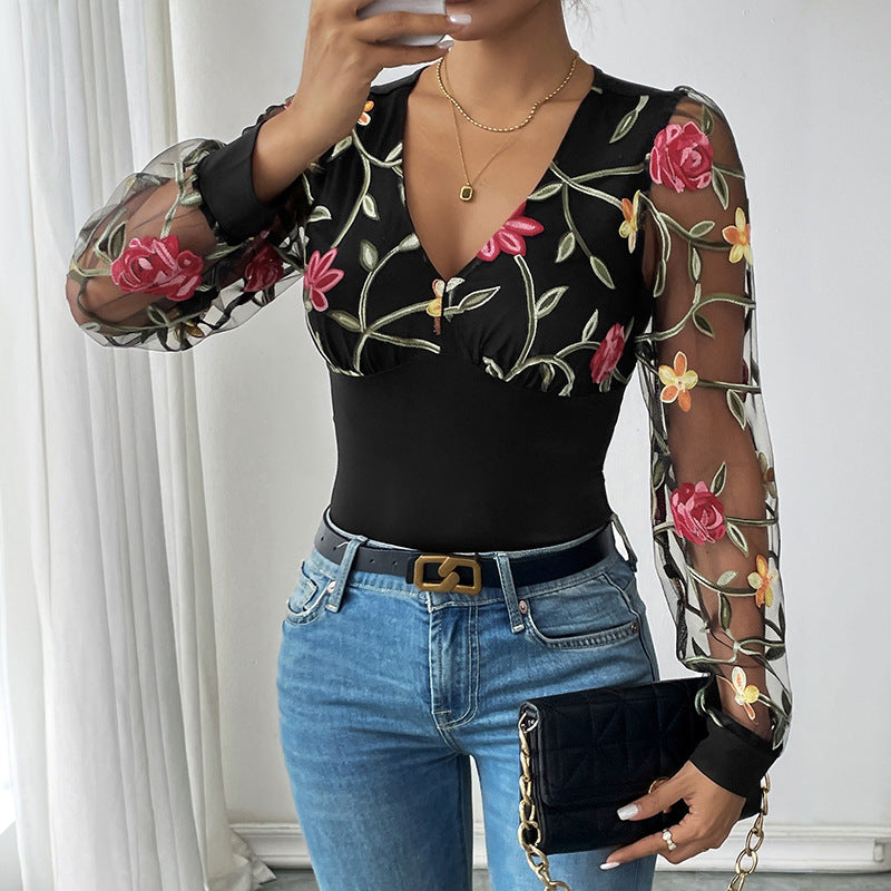 Damen Bestickter Mesh-Body mit V-Ausschnitt und transparenten Blumenärmeln Drune