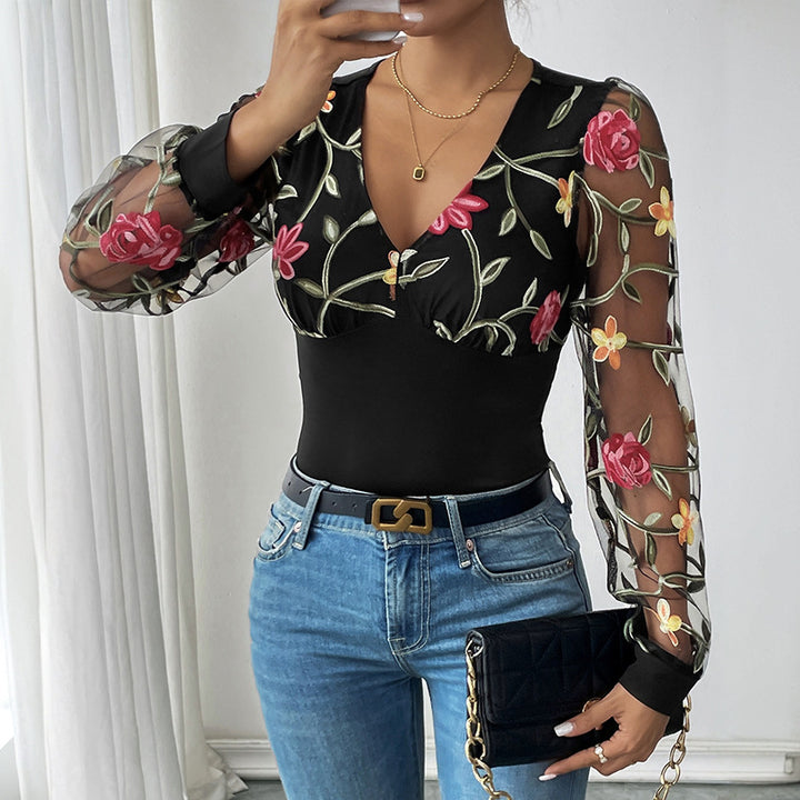 Damen Bestickter Mesh-Body mit V-Ausschnitt und transparenten Blumenärmeln Drune