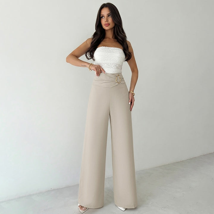 Damen Weitgeschnittene Hose mit Hohem Bund und Dekorativem Gürtel Drune