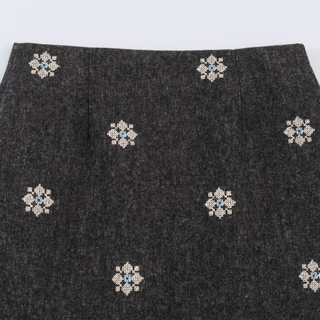 Damen Wollmix-Bleistiftrock mit bestickten Blumenmotiven und mittigem Schlitz Drune