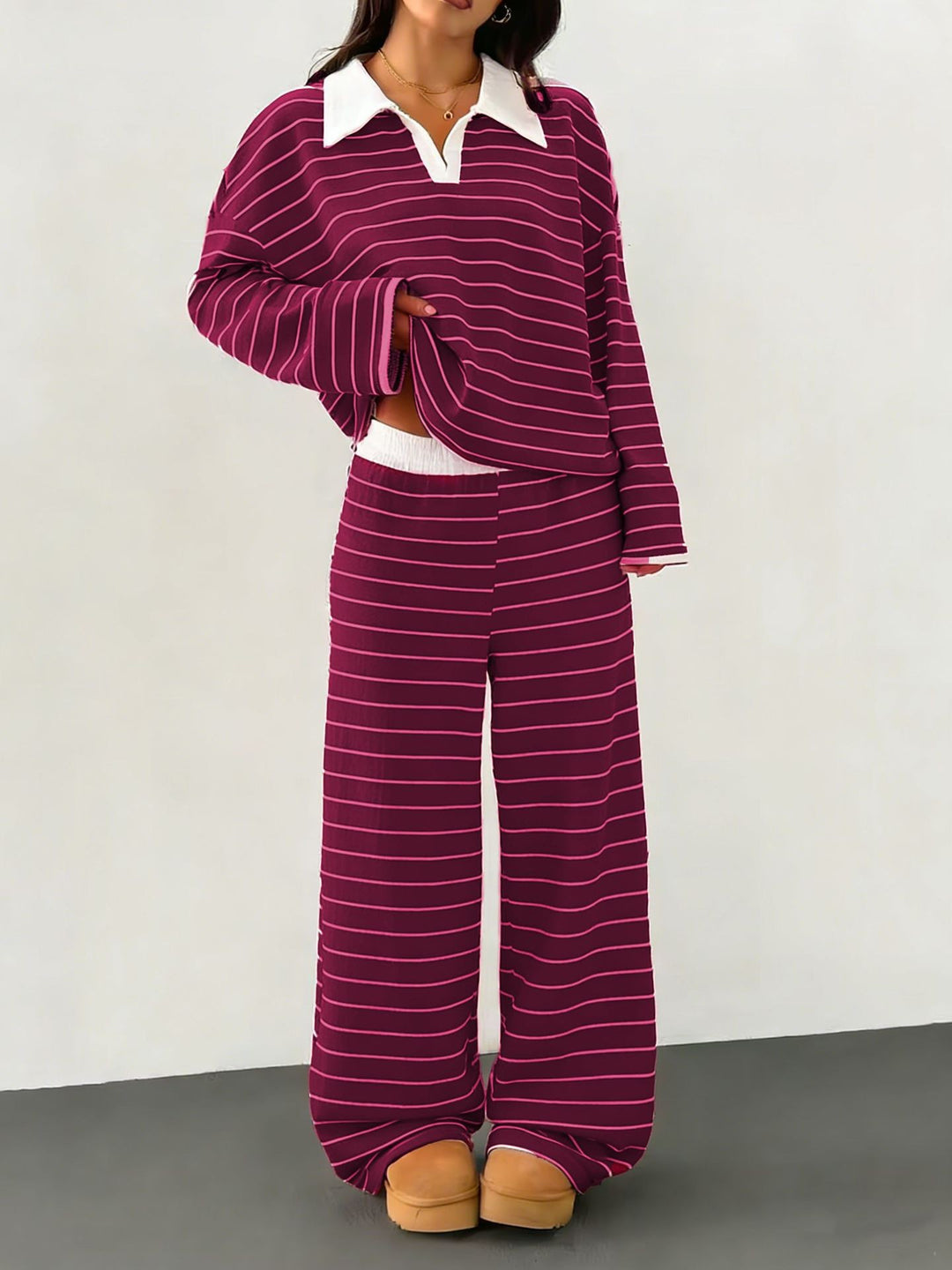 Damen lässiges Streifen-Loungewear-Set mit Kragen Drune