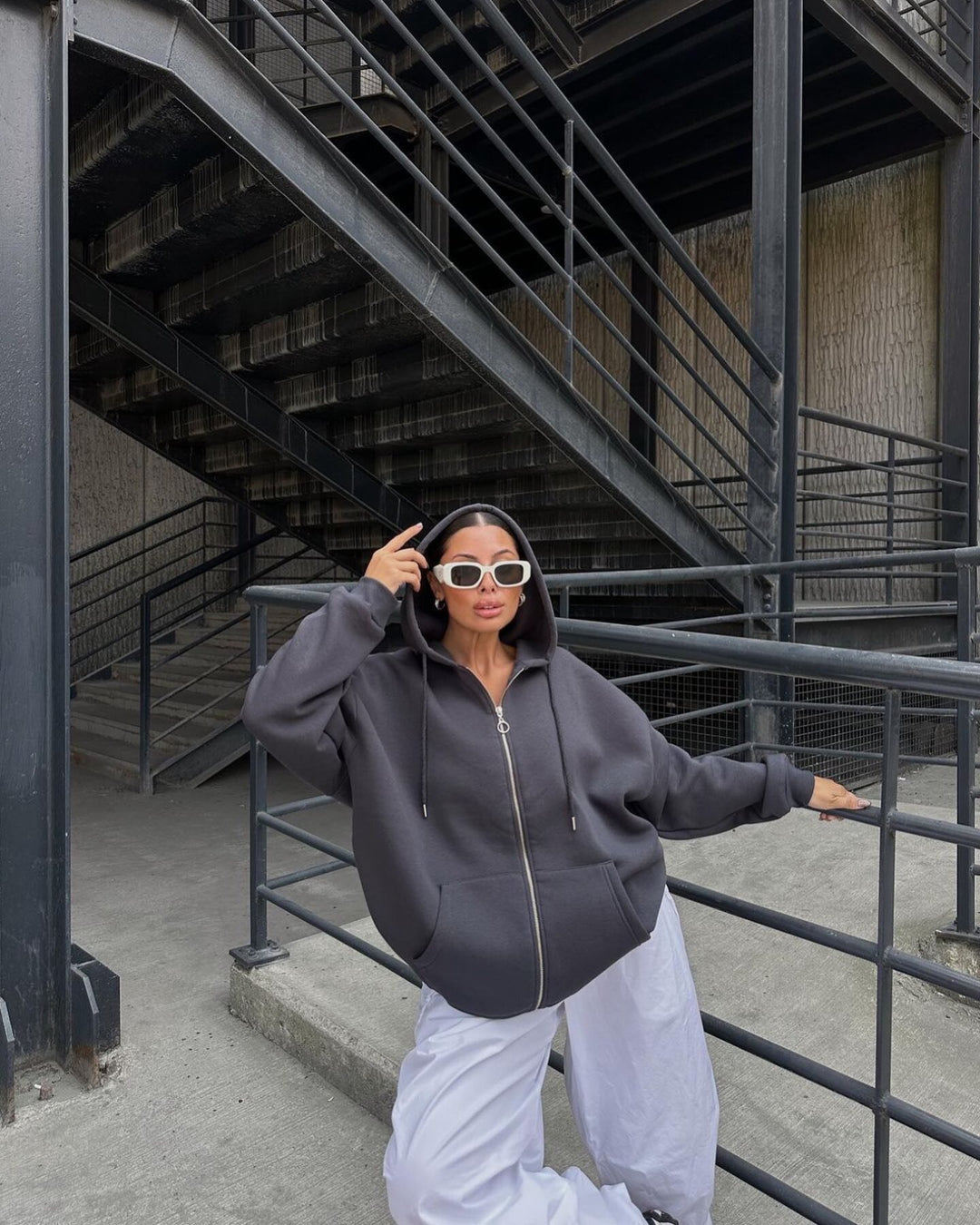 Damen Oversized Fleece-Hoodie mit Reißverschluss und Kängurutasche Drune