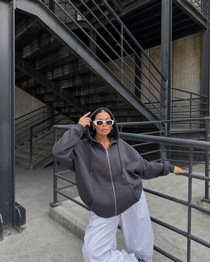 Damen Oversized Fleece-Hoodie mit Reißverschluss und Kängurutasche Drune