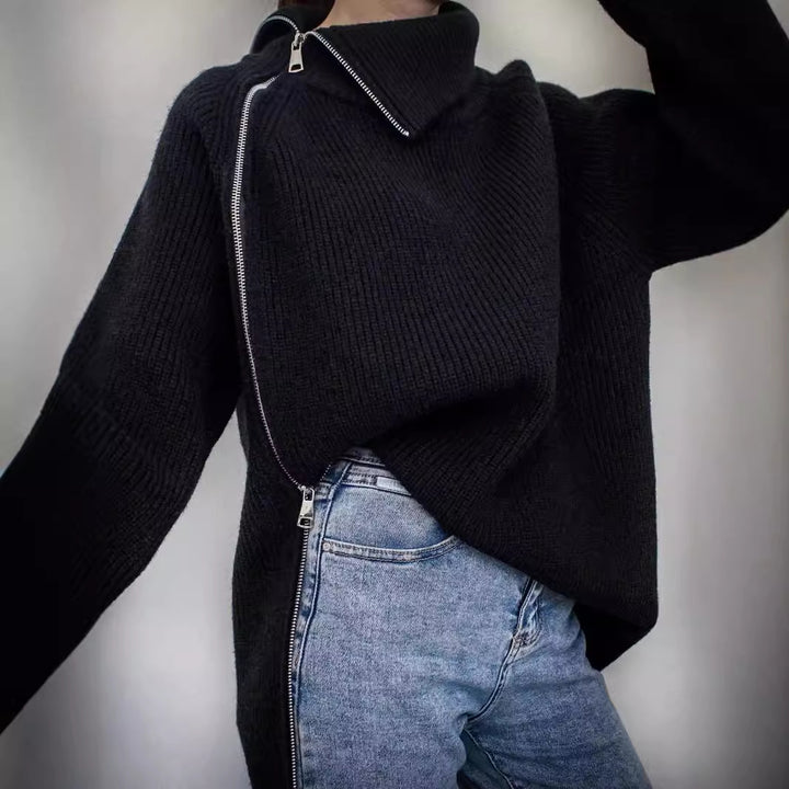 Damen Oversized Pullover mit asymmetrischem Reißverschluss und hochgeschlossenem Kragen Drune