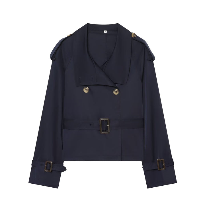 Damen Kurztrench im Boxy‑Stil mit doppelreihigem Verschluss, Schnallenärmeln und Taillengürtel Drune