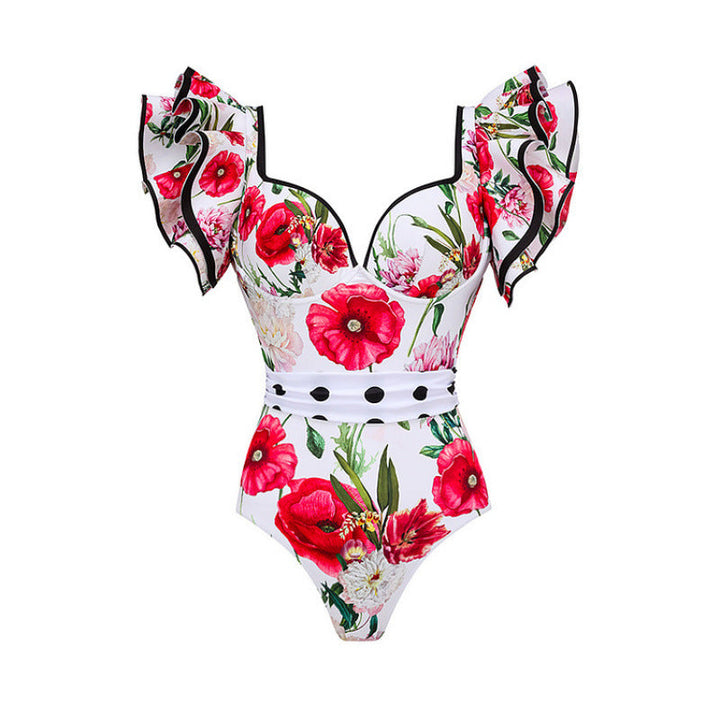 Damen Badeanzug mit Rüschendetails und floralem Überrock Drune