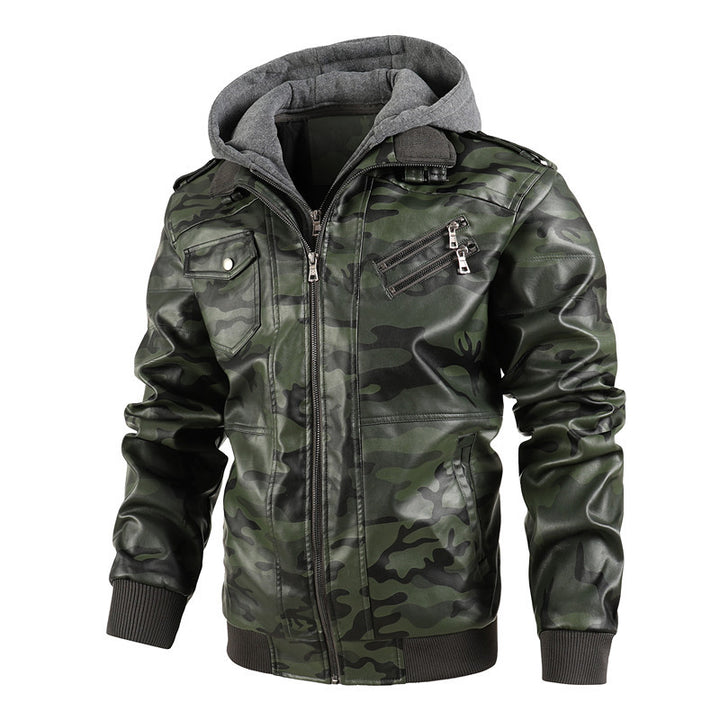 Herren Modische Kunstlederjacke im Military-Stil Drune