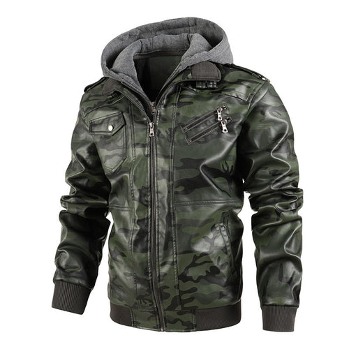 Herren Kunstlederjacke mit abnehmbarer Kapuze und multifunktionalen Taschen Drune