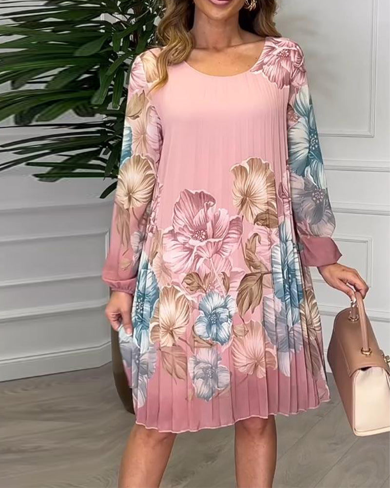 Damen nan knielanges plissiertes Chiffonkleid mit floralem Print, transparenten Ärmeln und Rundhalsausschnitt Drune