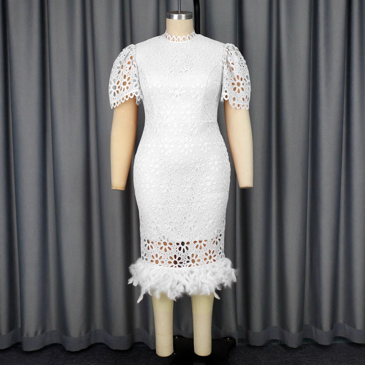 Damen Hochwertiges Spitzenkleid mit voluminösen Puffärmeln und fransigem Saum Drune