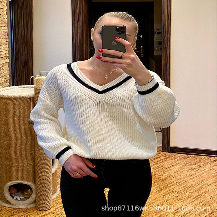 Damen Oversized Strickpullover mit V-Ausschnitt und gestreiften Ärmeln Drune