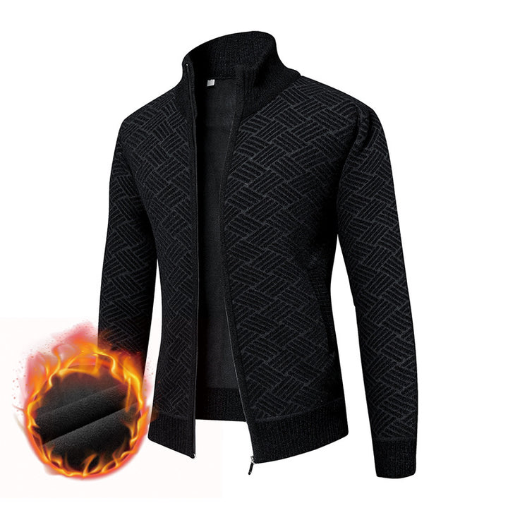 Herren Thermo-Strickjacke mit durchgehendem Reißverschluss, gefüttertem Stehkragen und geometrischem Strukturmuster Drune