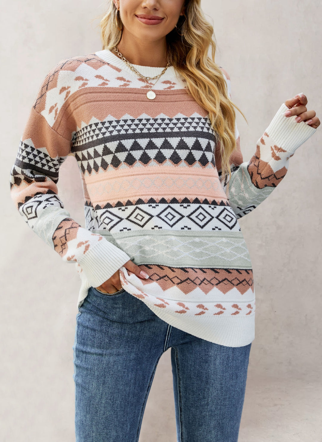 Damen Strickpullover mit geometrischem Muster Drune