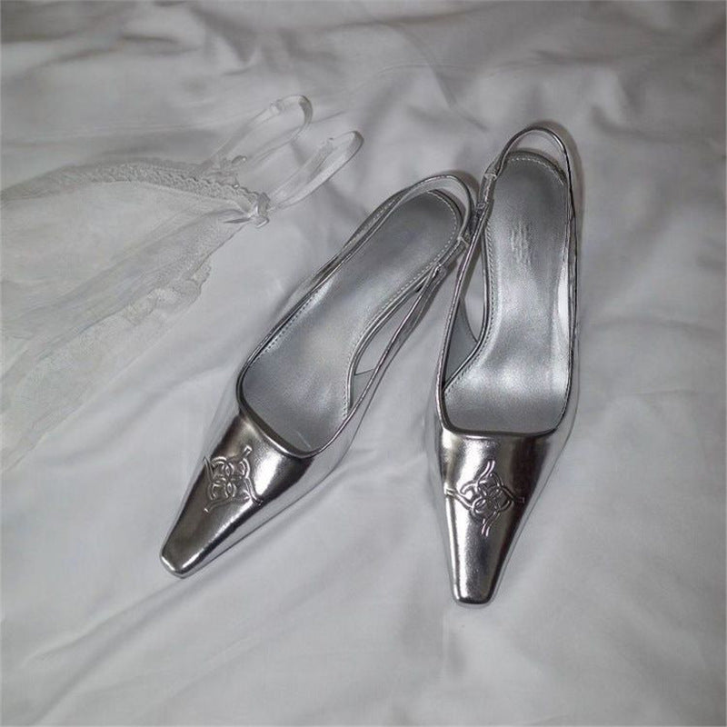Damen Flache Slingback-Slipper mit eckiger Zehenkappe, metallischem Finish und geprägtem Ornament Drune