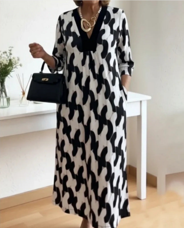 Damen lässiges Maxikleid mit elegantem V-Ausschnitt und praktischen Seitentaschen Drune