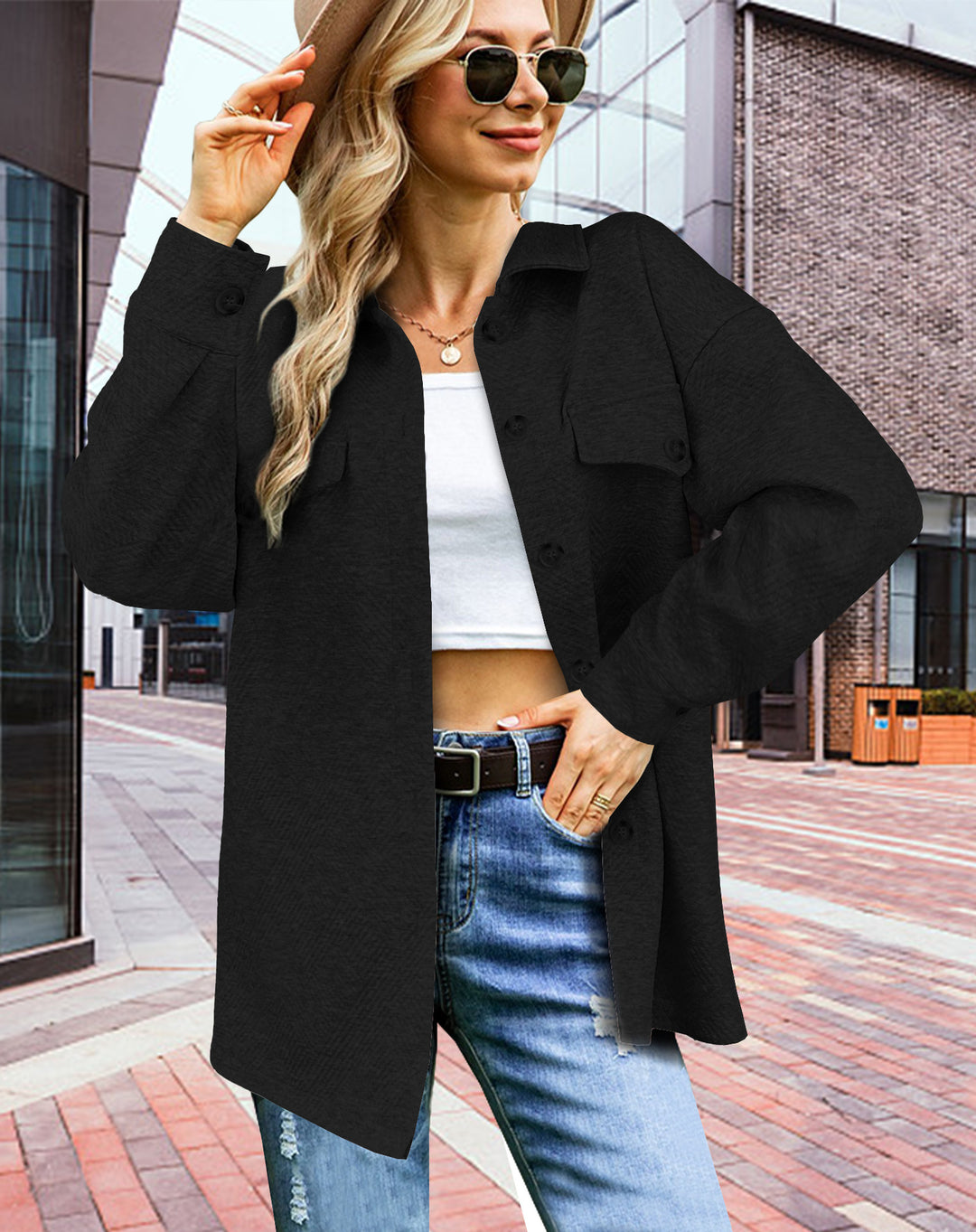 Damen Longline Oversize Hemdjacke mit aufgesetzten Pattentaschen und Strukturstoff Drune
