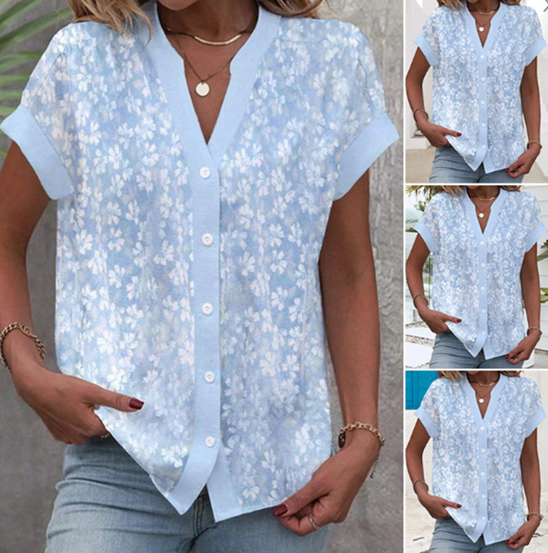 Damen Blusentop mit floralem Muster und kurzen Ärmeln Drune