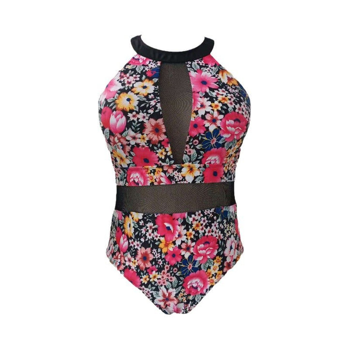 Damen Sportlicher Einteiler Badeanzug mit transparenten Mesh-Einsätzen Drune