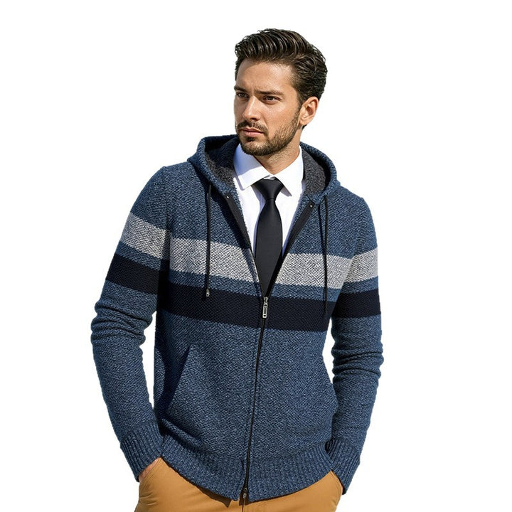 Herren modischer Strickhoodie mit kontrastierenden Zierstreifen und praktischen Taschen Drune