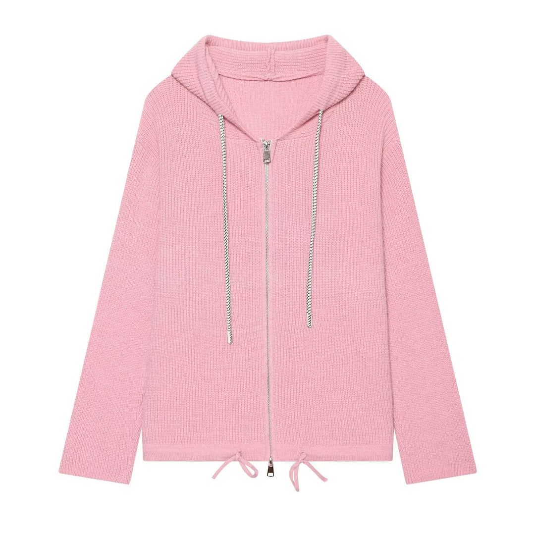 Damen Strickkapuzenjacke mit durchgehendem Reißverschluss, Rippenstruktur und Tunnelzug Drune