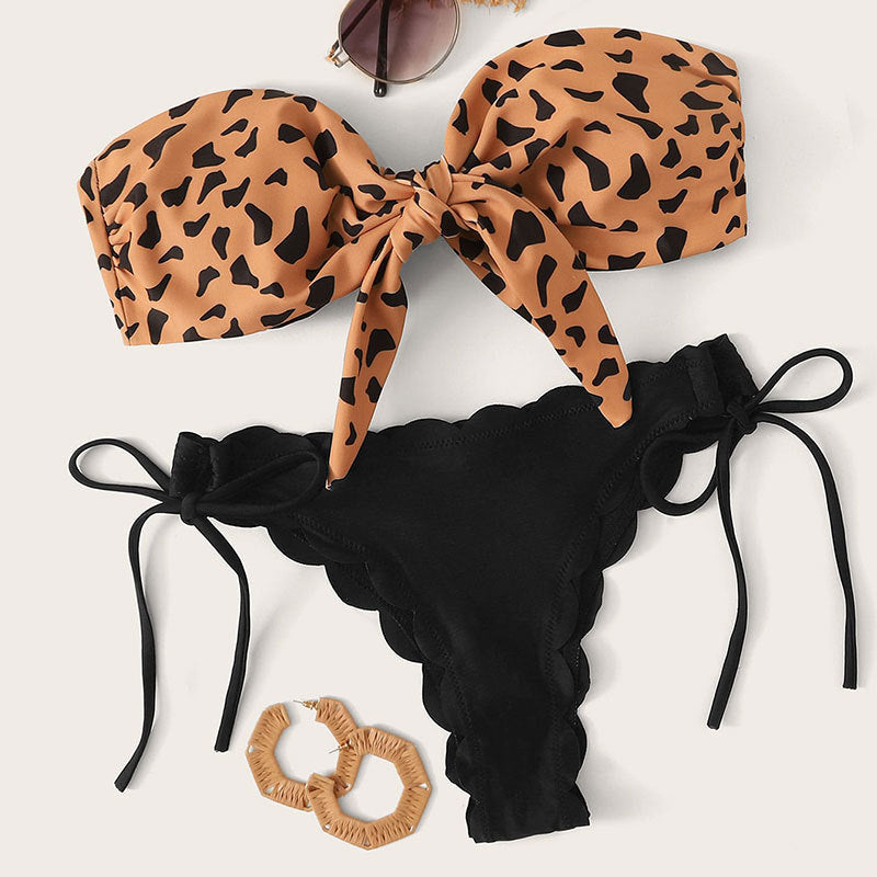 Damen Bandeau-Bikini-Set mit modischem Animal-Print und verstellbaren Bändern Drune