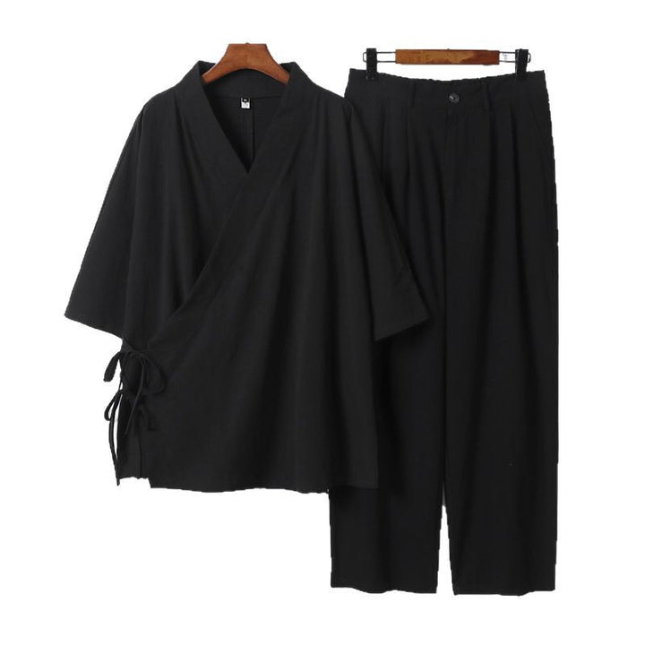Unisex Kimono-Freizeit-Set mit Wickeloberteil und elastischer Bundhose Drune