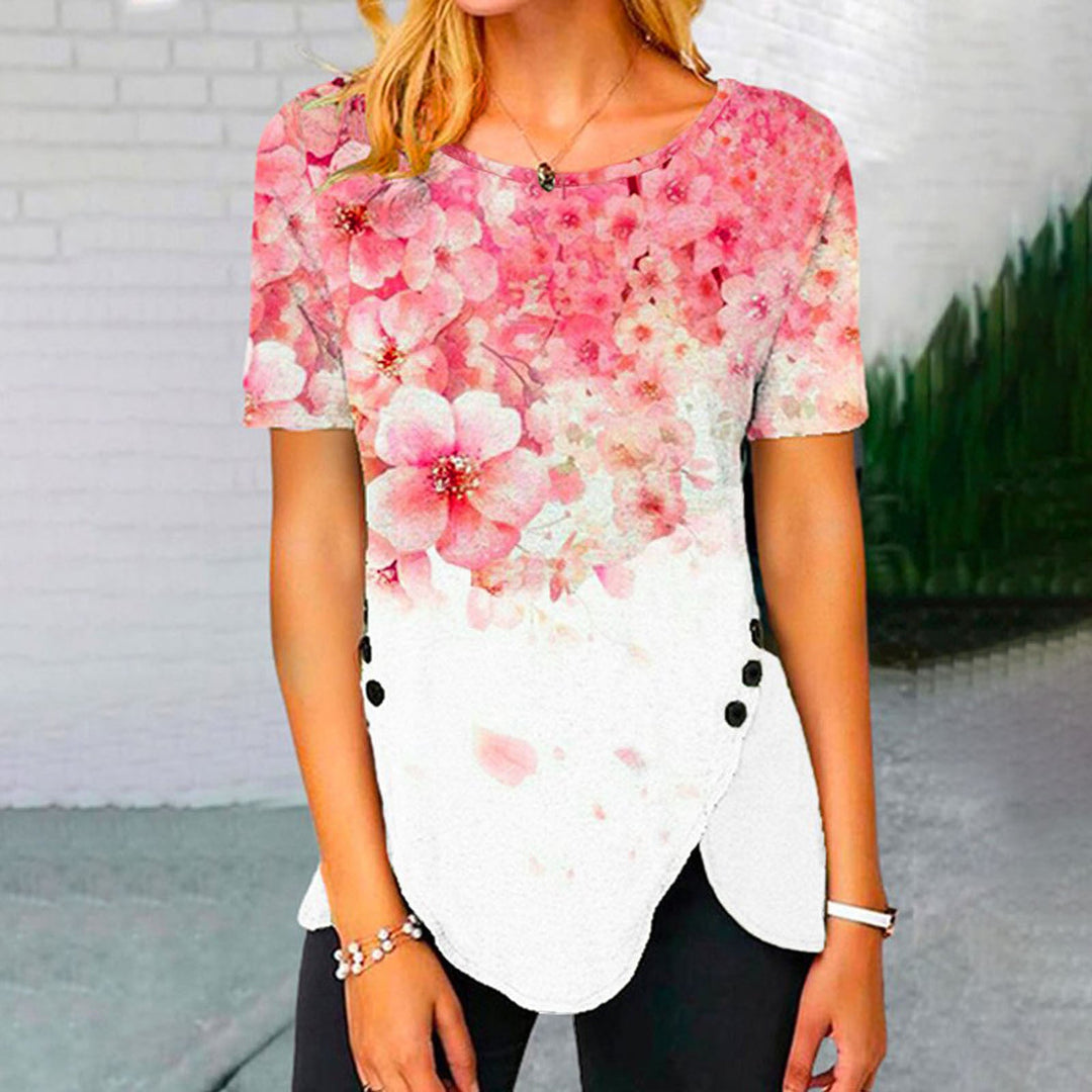 Damen lässiges T-Shirt mit dekorativem Floraldesign und asymmetrischem Saum Drune