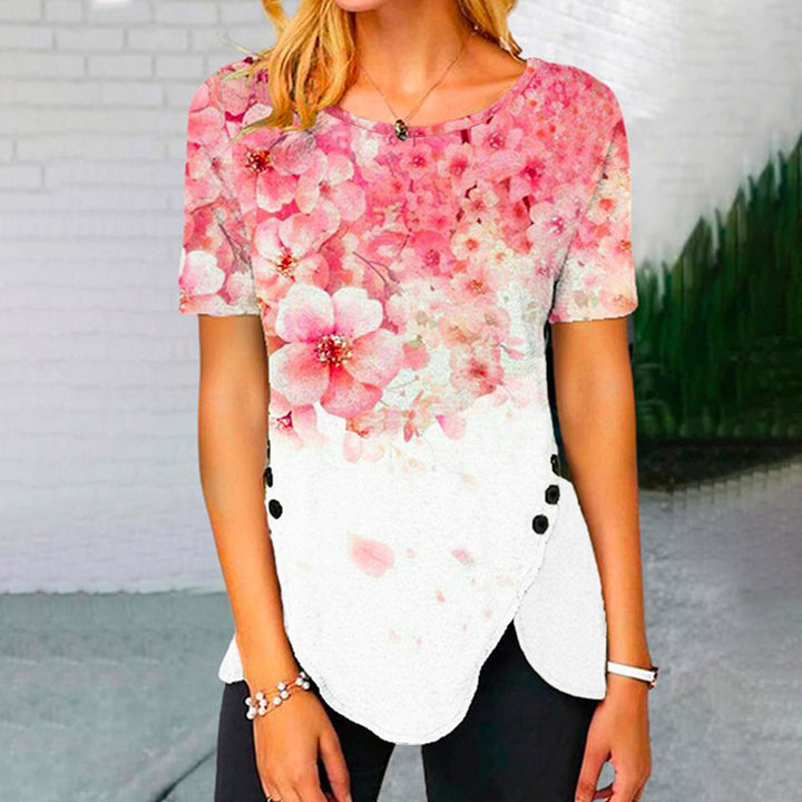 Damen lässiges T-Shirt mit dekorativem Floraldesign und asymmetrischem Saum Drune
