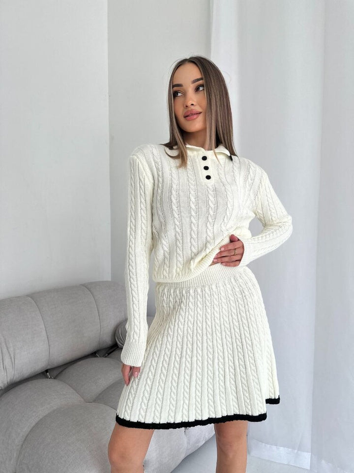 Damen gestricktes Zopfmuster-Polokragen-Set mit Button-Placket und A-Linien-Rock Drune