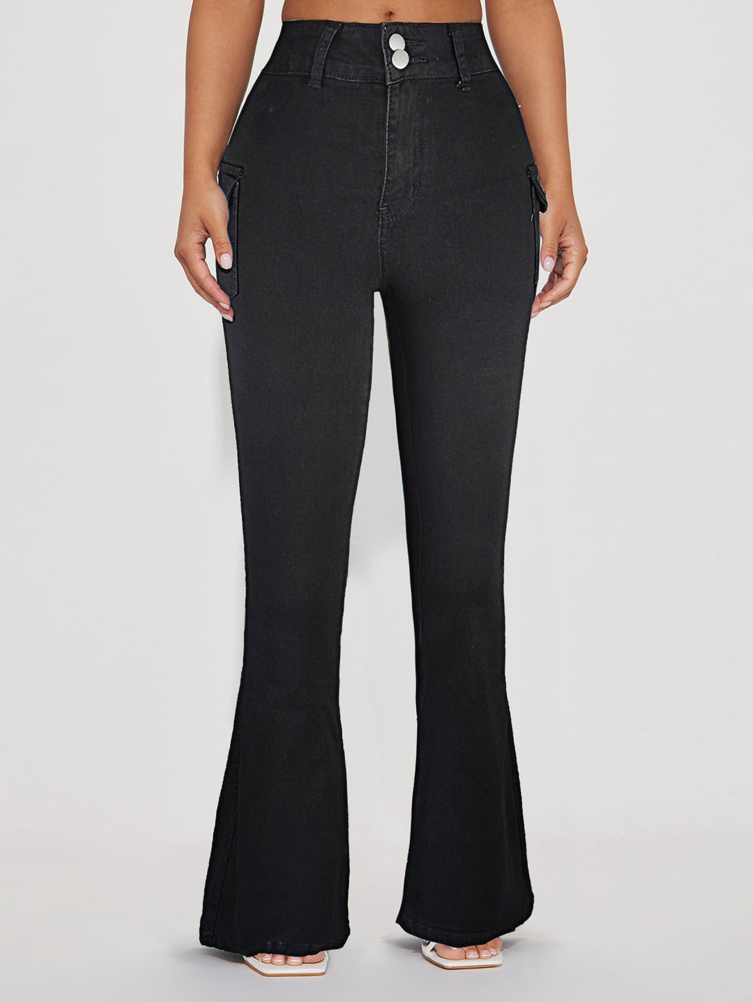 Damen Hochtaillierte Flared-Denimhose mit seitlichen Cargo-Pattentaschen & Doppelknopf Drune