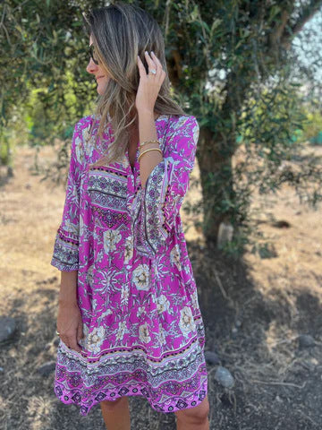 Damen Boho-Chic Kleid mit floralen Mustern und Knopfleiste Drune