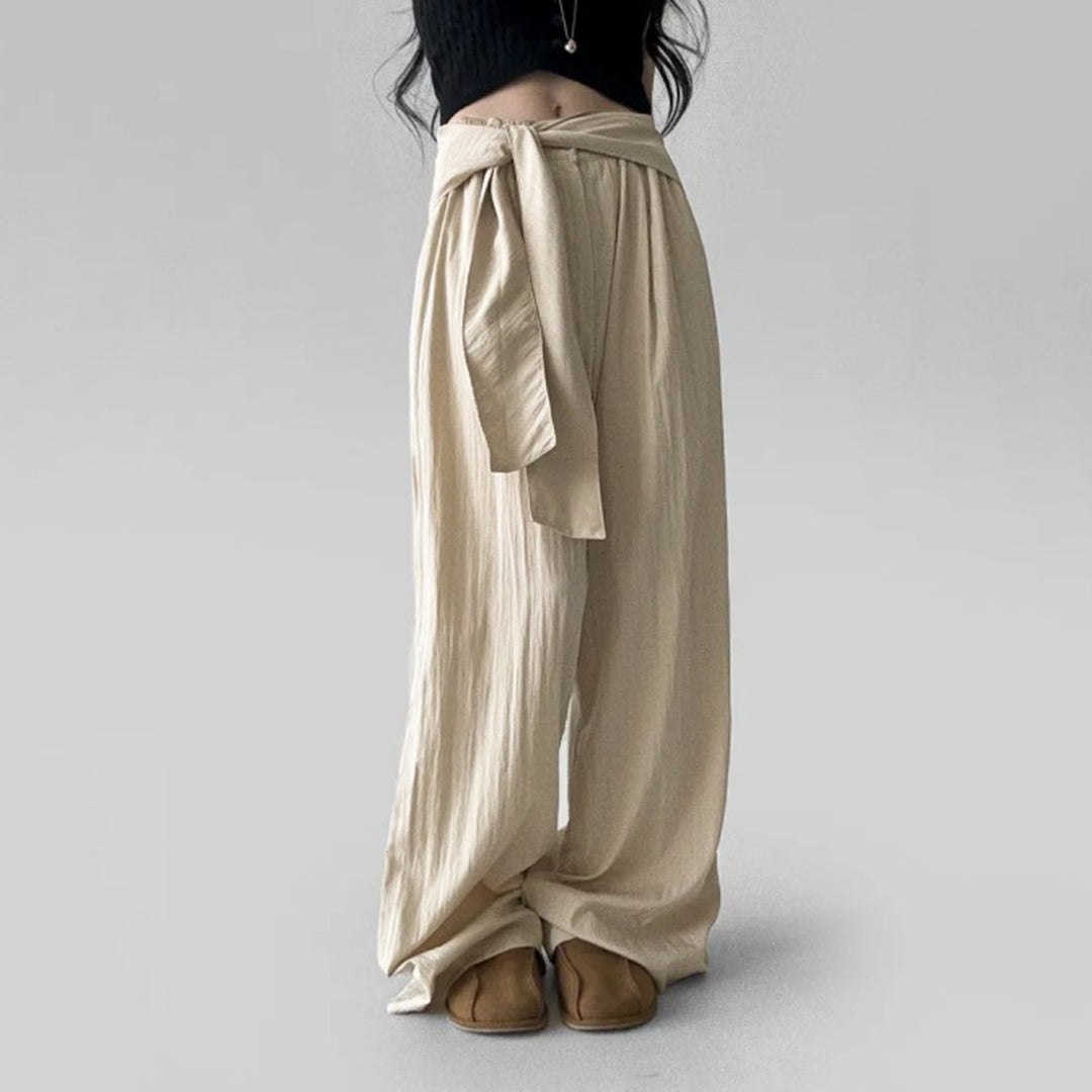 Damen nan Highwaist Leinenhose mit weitem Bein und dekorativem Bindegürtel Drune