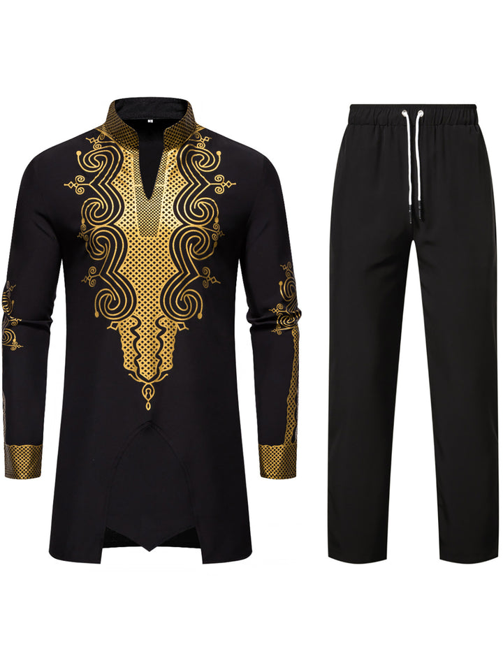 Herren Traditionelles besticktes Tunika‑Set mit Mandarinkragen und elastischer Hose Drune
