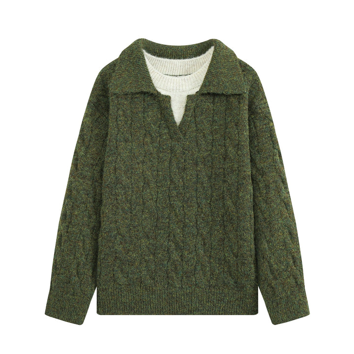 Damen Grobgestrickter Zopfmuster-Pullover mit offenem Polokragen und V‑Ausschnitt Drune