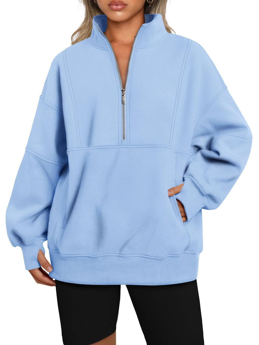 Damen Oversize-Sweatshirt mit halbem Reißverschluss, Stehkragen und Kängurutasche Drune