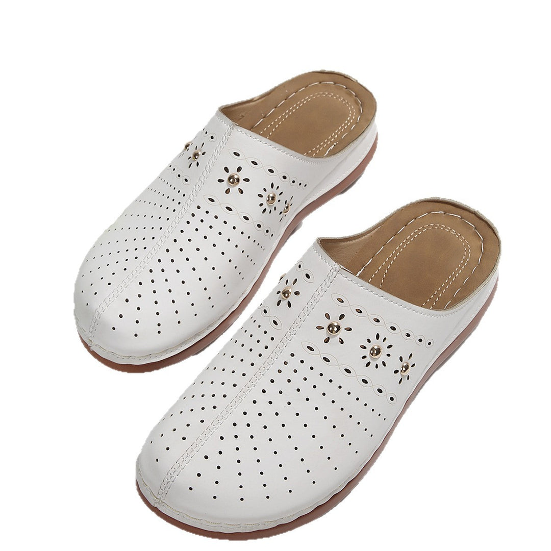 Damen  gepolsterte Mule-Pantoletten mit feiner Laserperforation, dekorativen Nieten und ergonomischer Memory-Innensohle Drune