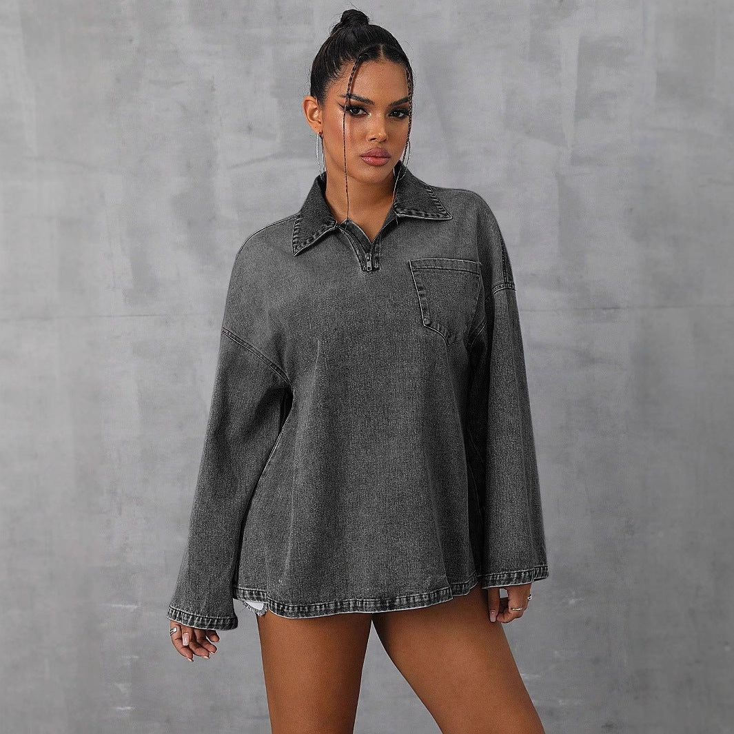 Damen oversized Denim-Bluse mit praktischem Reißverschluss und lässigem Kragen Drune