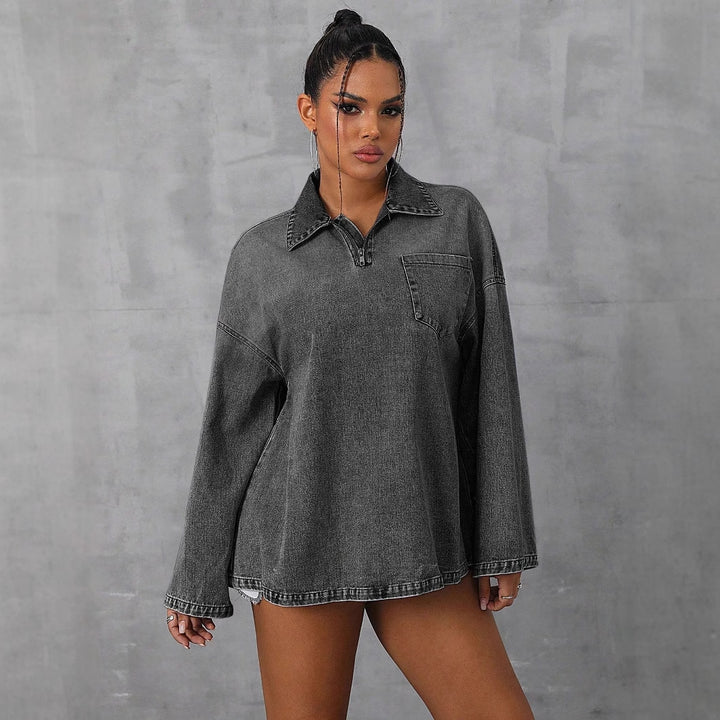 Damen oversized Denim-Bluse mit praktischem Reißverschluss und lässigem Kragen Drune