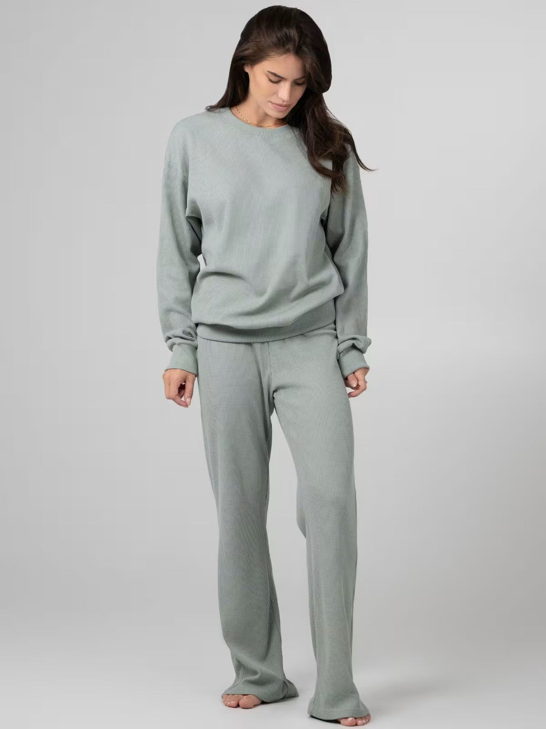 Damen geräumiges Waffelstrick-Loungewear-Set mit Rundhalsausschnitt und Tunnelzughose Drune