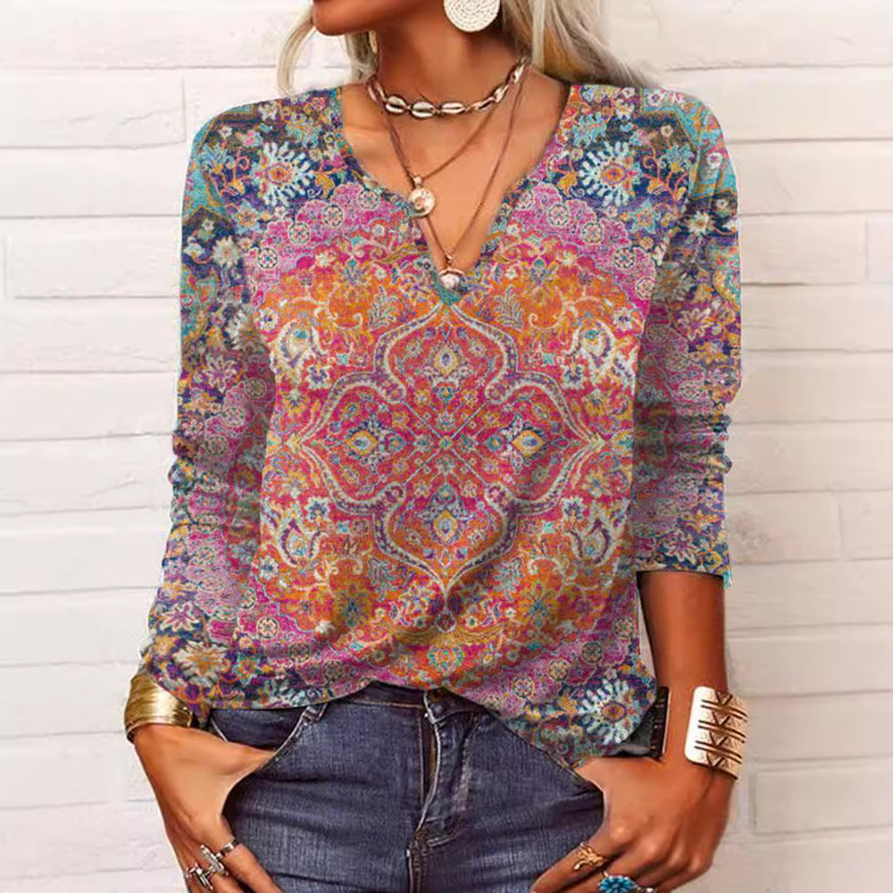 Damen Boho-Print V-Ausschnitt Tunika-Shirt Drune