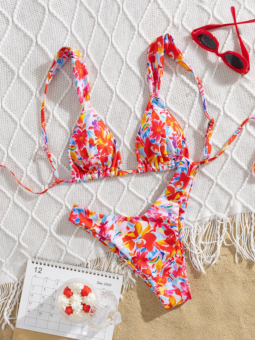 Damen Triangel-Bikini mit buntem Blumendesign und verstellbaren Trägern Drune