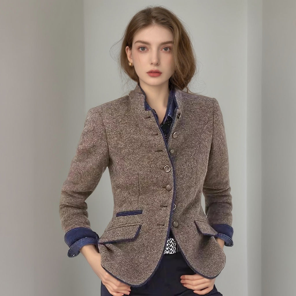 Damen Kurzblazer mit Stehkragen und Samtbesatz Drune